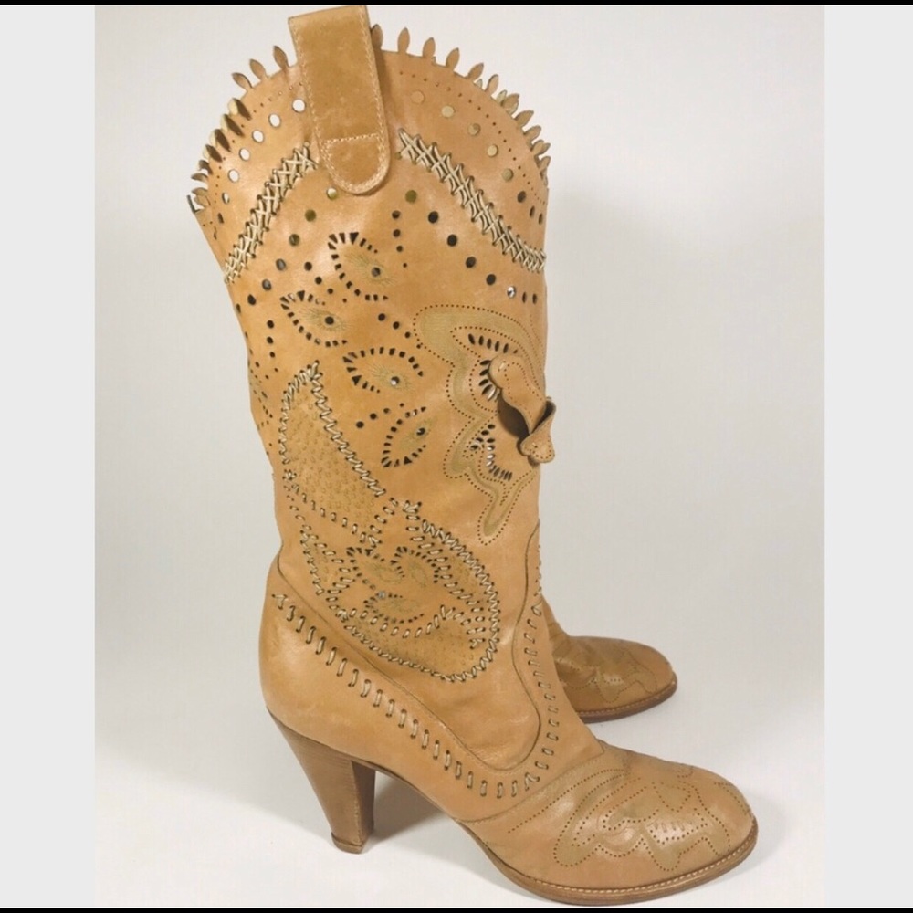 Anna Sui Butterfly Embossed Heeled Cowgirl Boot